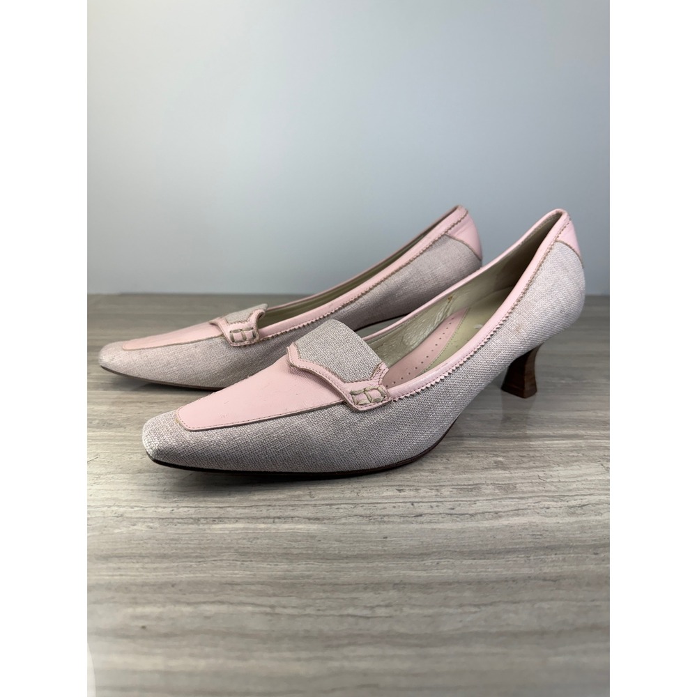 Carole Little 9M Loafer Pumps Pink Leather Canvas Kitten Heel Vintage Brazil